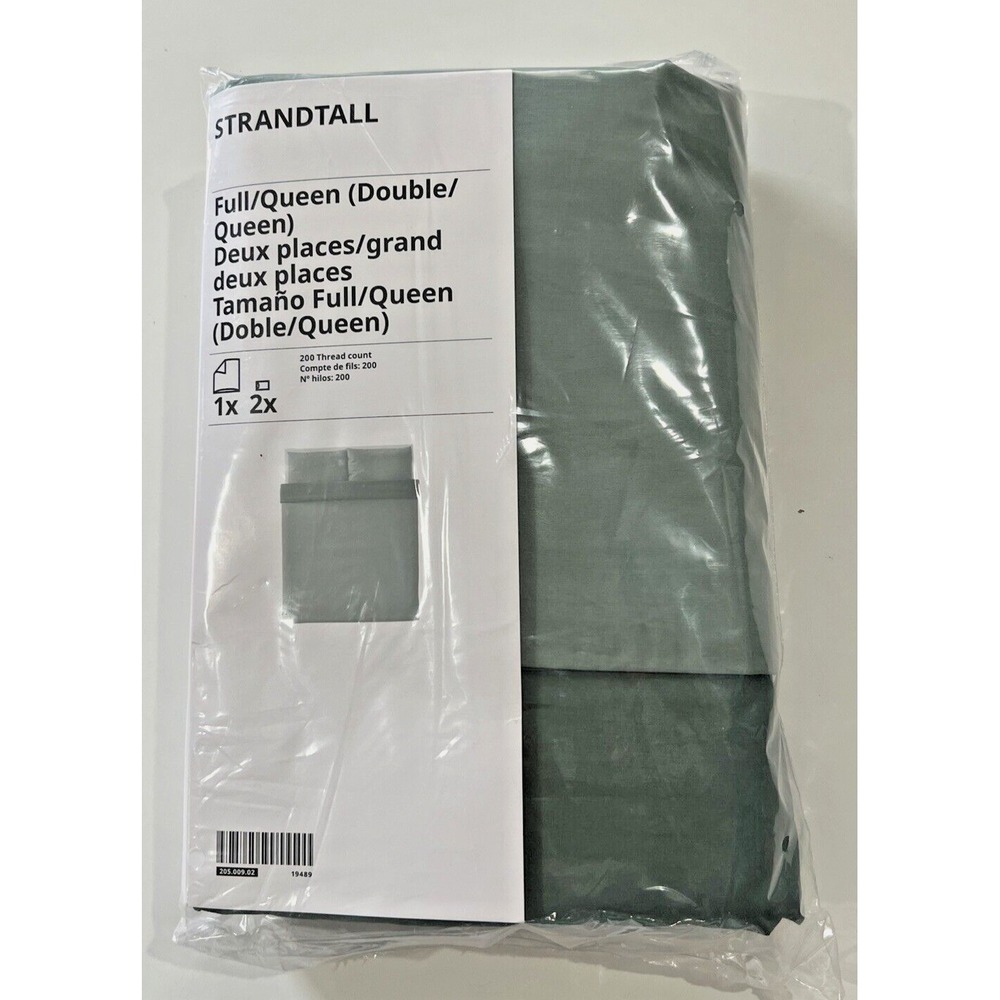 Ikea STRANDTALL Full/Queen Duvet cover & 2 pillowcases gray-green/dark green NEW